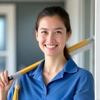 Technician Lyubov Dykstra holding window cleaning equipment
