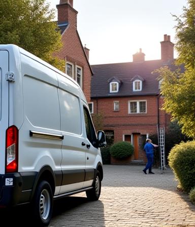 A branded [[COMPANY_NAME]] van parked outside a modern UK home