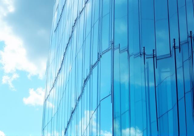 Secure glass building reflecting sky