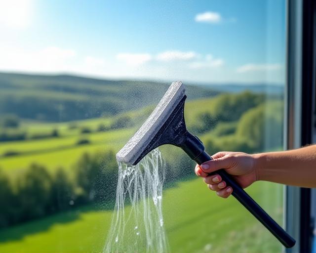 Close up of professional window cleaning reflecting a beautiful Irish landscape