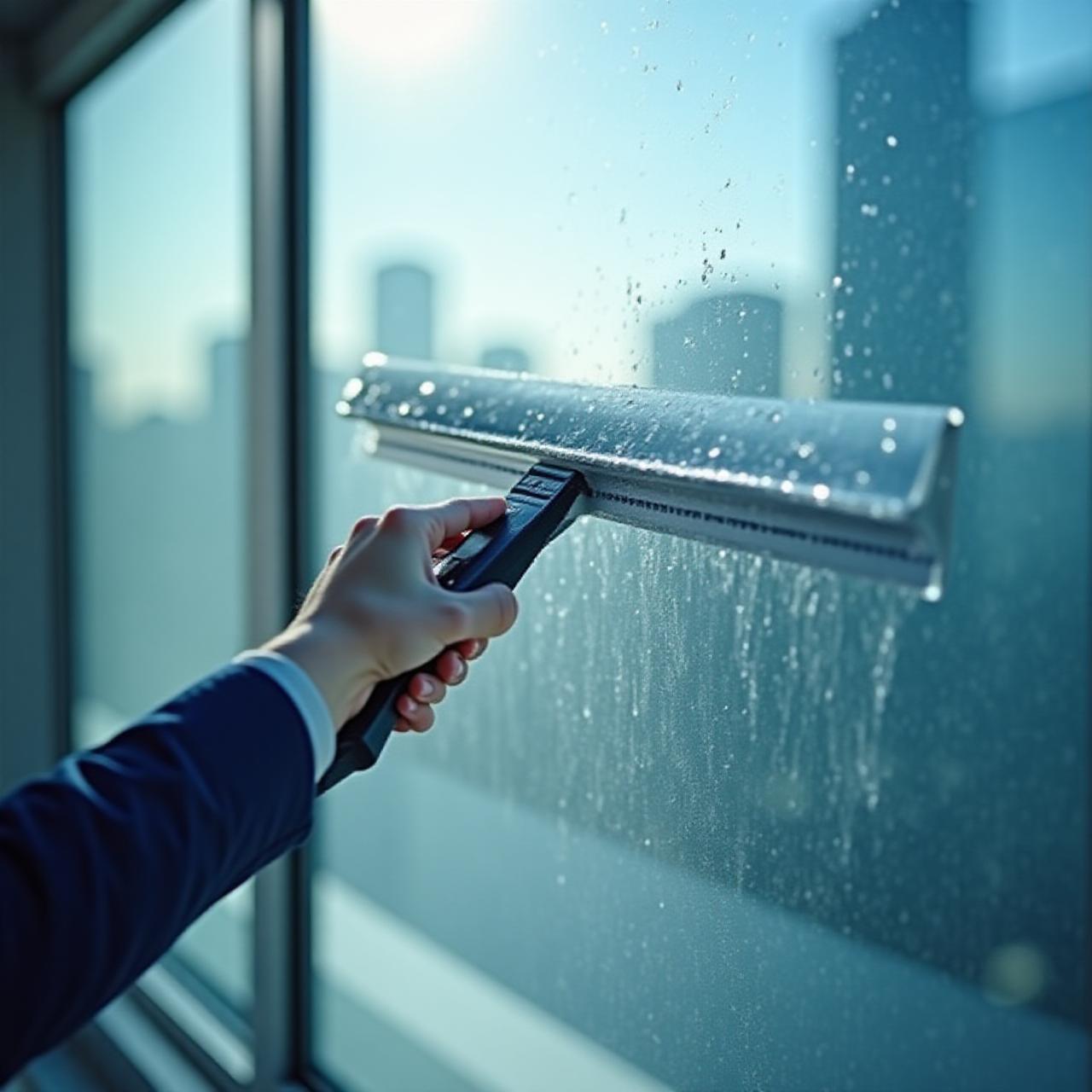 Close up of a professional window cleaner working on a high-rise glass pane