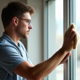 Technician Rayito Erkmen focused on polishing a window